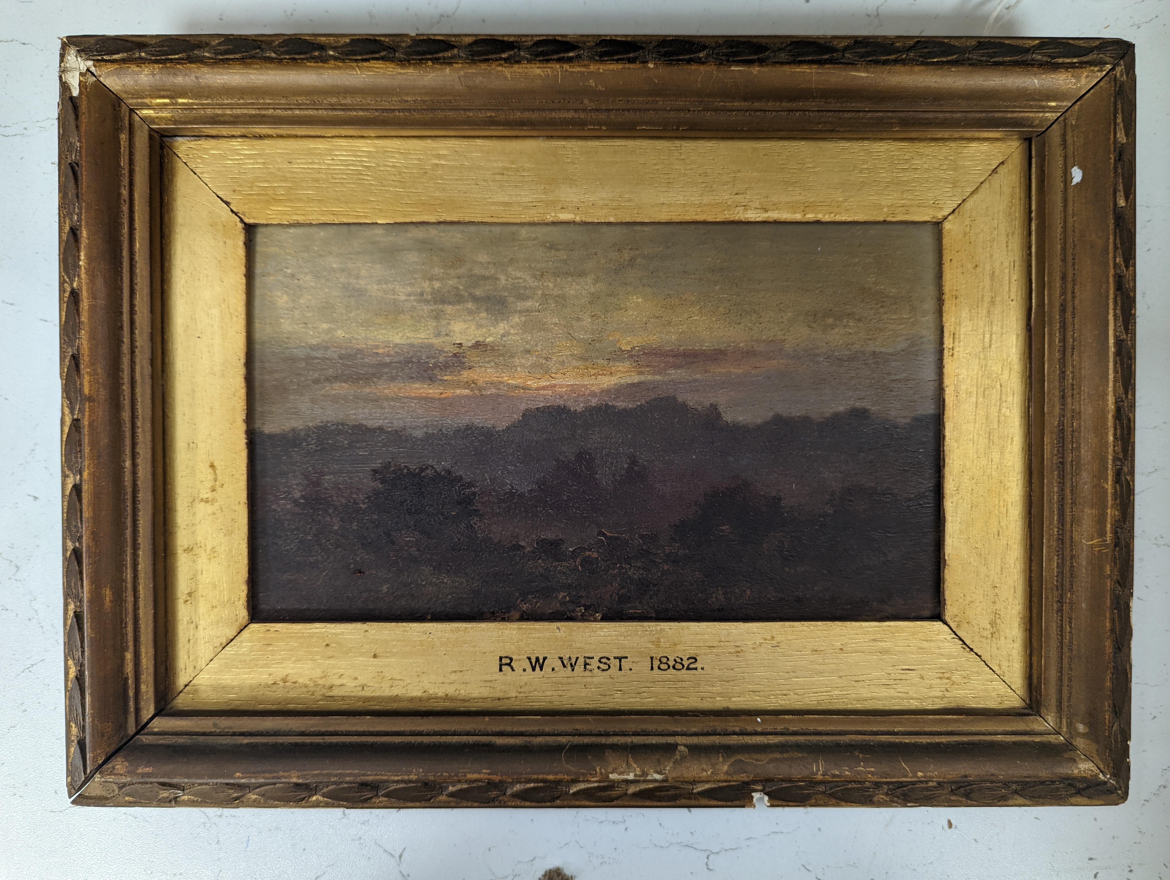 Richard Whatley West (1848-1905), oil on wooden panel, Hampstead Heath 1882, 12 x 21cm